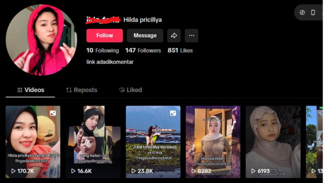 Akun palsu Hilda Pricillya. (tiktok)